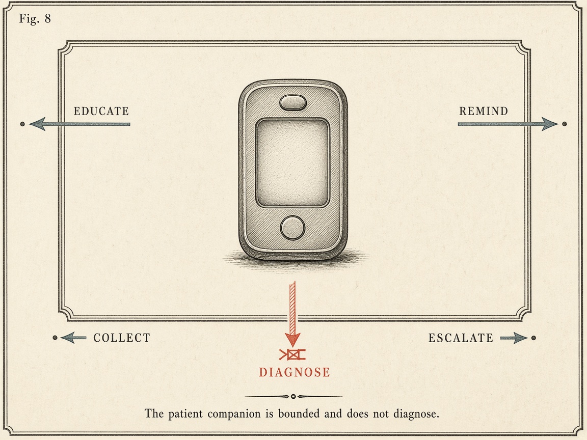 Figure 8. The companion educates, collects, reminds, and escalates. It does not diagnose.